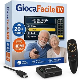 GiocaFacileTV - Console di Giochi per TV - Idea Regalo per Nonni e Genitori - Carte, Quiz, Cruciverba, Memoria - Pensata per Anziani, Telecomando Semplice e Caratteri Grandi - by Semplay
