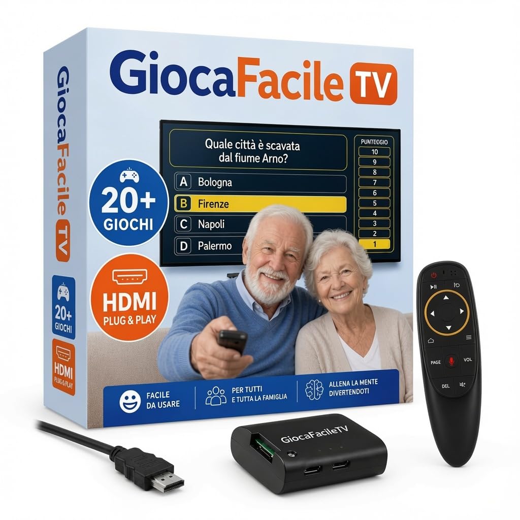 GiocaFacileTV - Console di Giochi per TV - Idea Regalo per Nonni e Genitori - Carte, Quiz, Cruciverba, Memoria - Pensata per Anziani, Telecomando Semplice e Caratteri Grandi - by Semplay