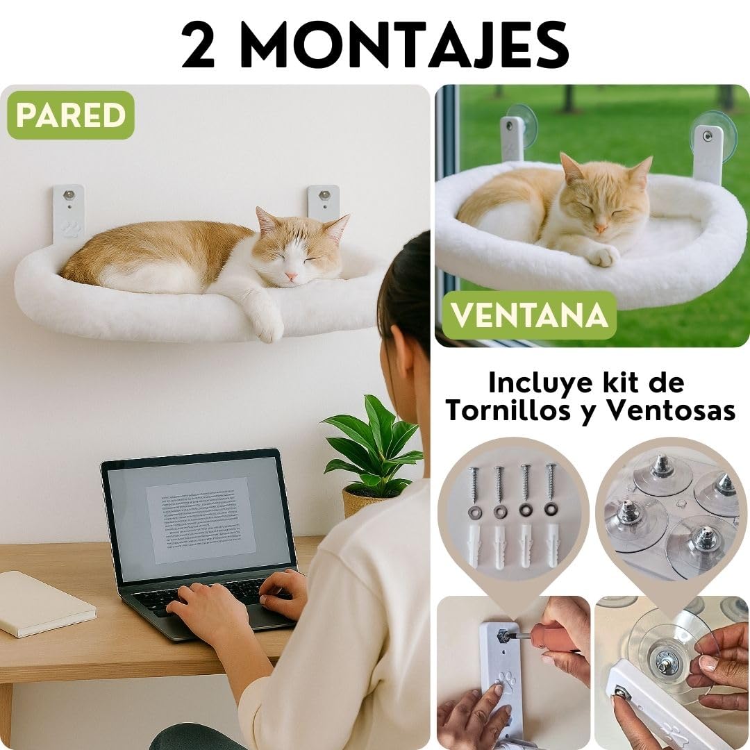Hamac avec fenêtre pour chat avec coussin et housse pour chat + montage mural | Lit fenêtre pour chats jusqu'à 18 kg Réversible été hiver | Lit chat blanc