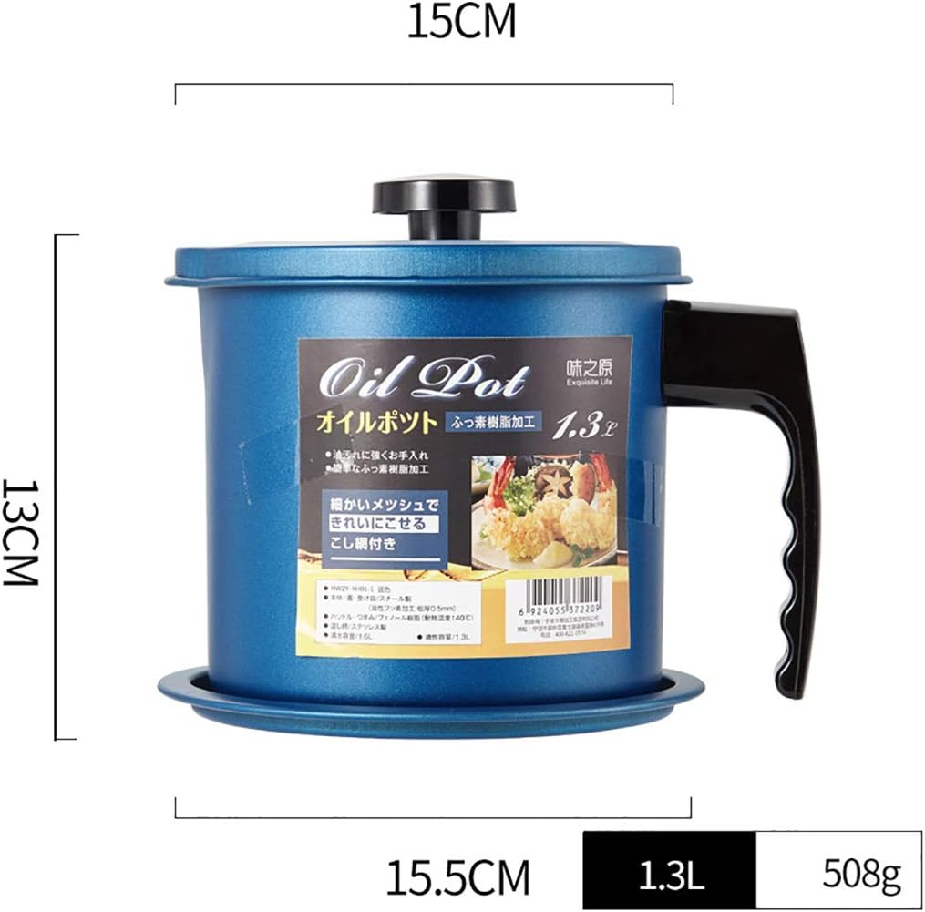 Non-Stick Pan Bacon Grease Container With Fine Mesh Strainer, Quart Iron Cooking Oil Can With Removable A Coaster Tray For Kitchen Fat Storage (1.3L, Blue)