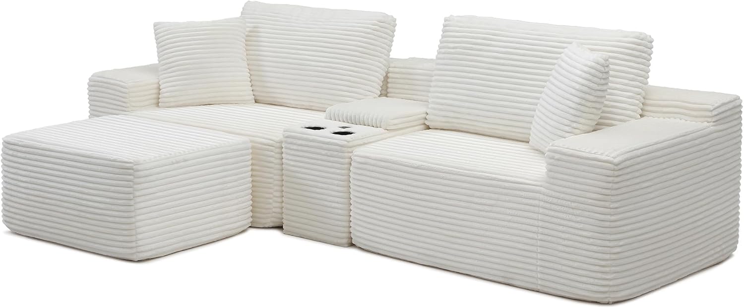 111" L-Shaped Cloud Sectional Couch with Console, Modern Corner Modular Compressed Sectional Sofa,Plush Corduroy Boneless Sofa Couch W/Ottoman Chaise and Cupholders