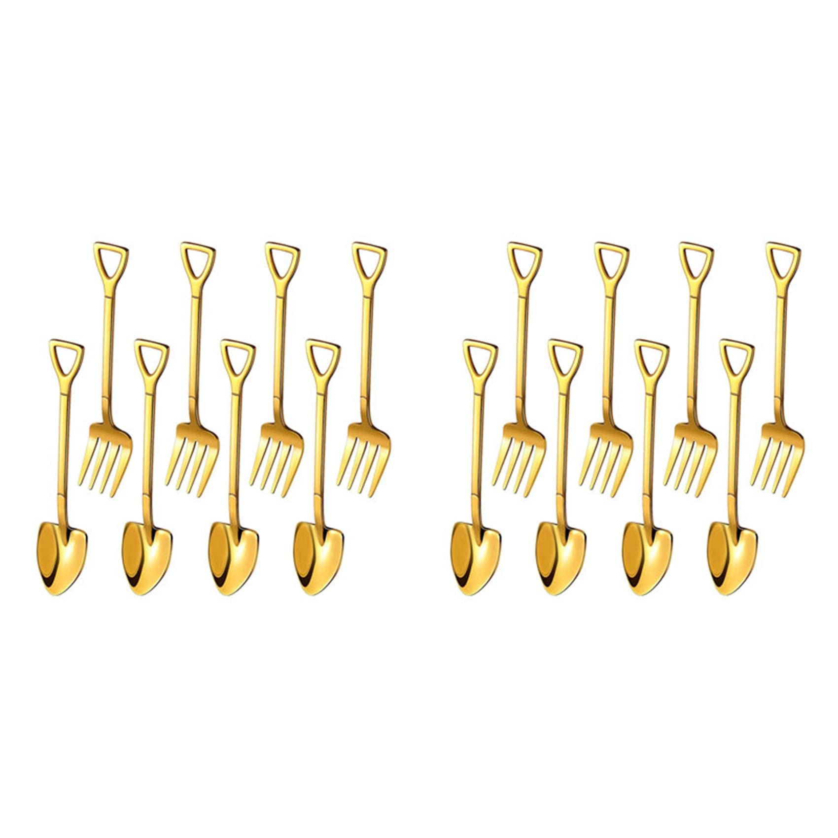 Hndhbfgrt 16 Pieces Shovel Spoon Fork Shovel Coffee Spoon Shovel Handle Dessert Spoon Ice Cream Spoon Shovel Shape Fork (Gold)