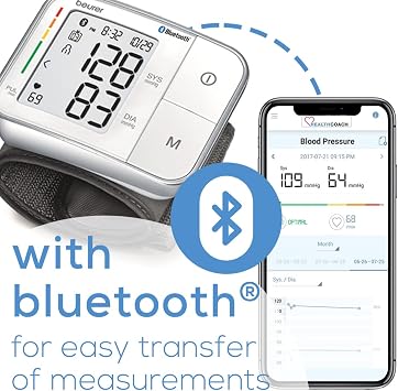 Beurer Bluetooth Smart, Wireless & Automatic Wrist Blood Pressure Monitor with Large LCD Display, Irregular Heartbeat Detection, Multi-Users, Syncs Readings to HealthCoach App, 60 Memory Spaces