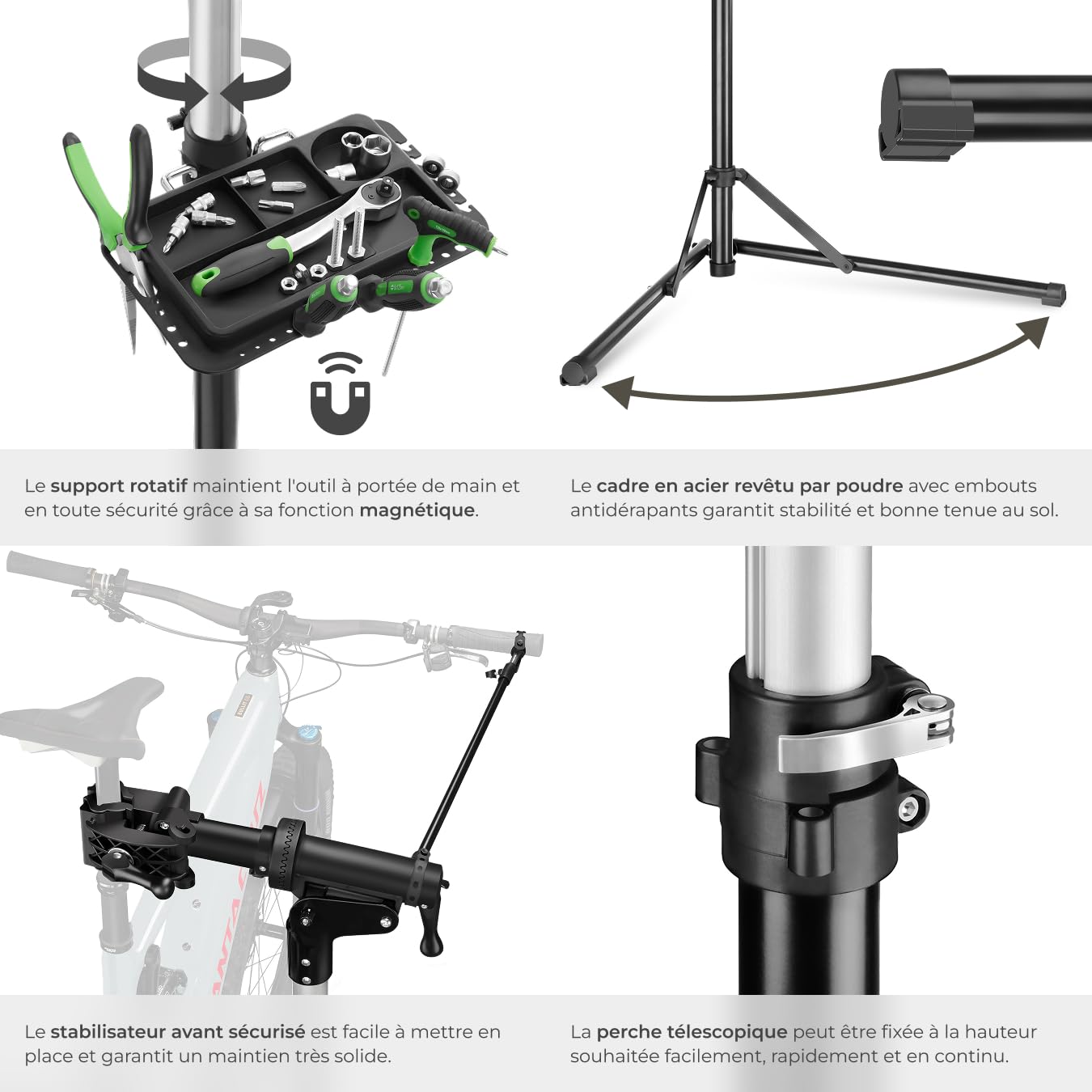 tectake® Support Velo Pieds d'atelier Charge 50 kg Support Vélo, Montage Entretien Reparation VTT Vélo electrique Velo de course Réglable Pliable - 108x81x106-169 cm
