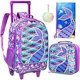 4PCS Rolling Backpack for Girls, Wheeled Kids Mermaid Bookbag