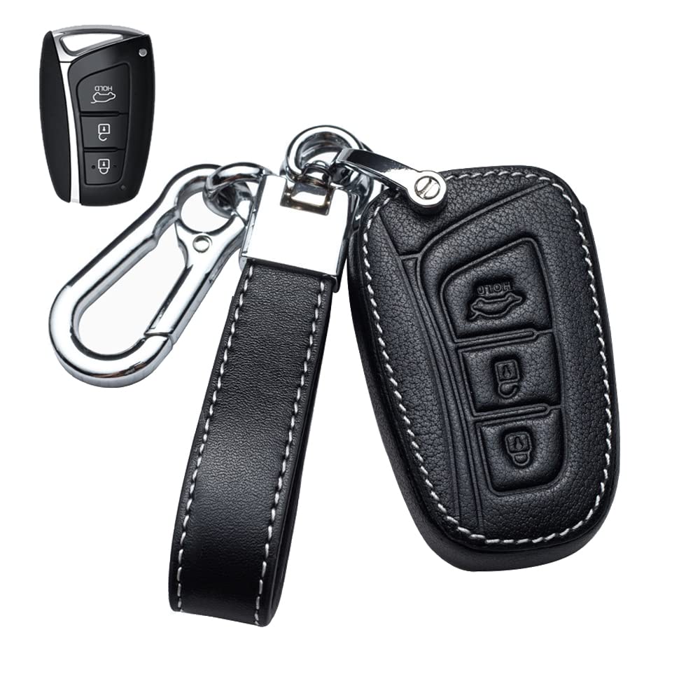 HIBEYO Smart Car Key Case Fits Hyundai Protective Case Key Cover Cowhide Leather Cover for Hyundai Genesis Santa Fe Equus Tucson Grand Centennial with Keychain 3 Buttons Accessories Black C
