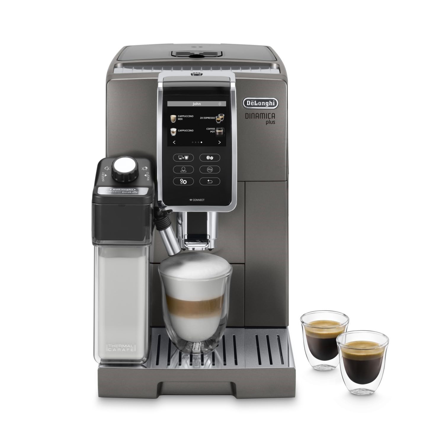 De'Longhi Dinamica Plus ECAM 370.95.T, Machine a Cafe Grain avec Système Lait, Cappuccino et Espresso, Écran Tactile TFT de 3.5" et Contrôle via Application, Fonction Carafe à Café, 1450W, Titan Platine LatteCrema + TFT + commande par application. Unique