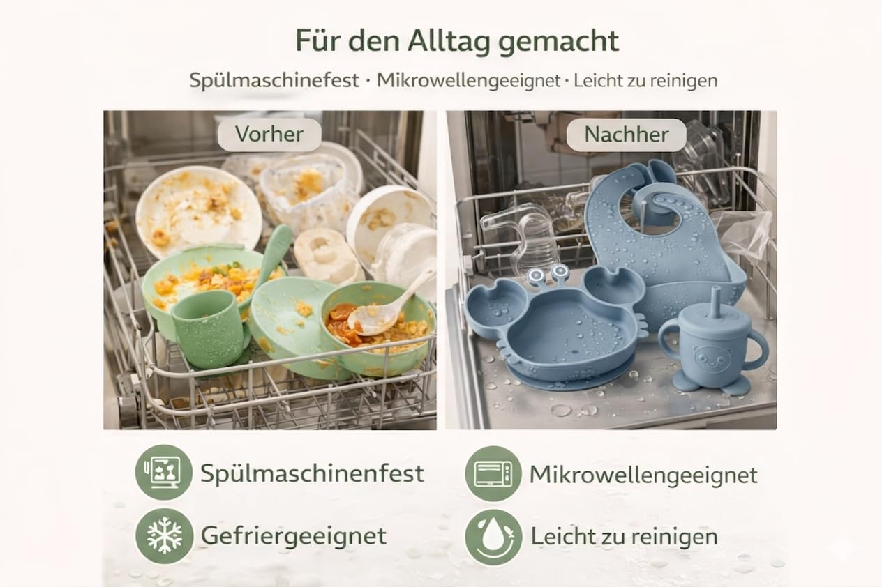 Eliano Lot de 6 assiettes en silicone pour bébé avec assiette crabe – Vaisselle antidérapante pour bébé avec ventouse, gobelet avec paille, cuillère, fourchette et bavoir – Sans BPA, passe au
