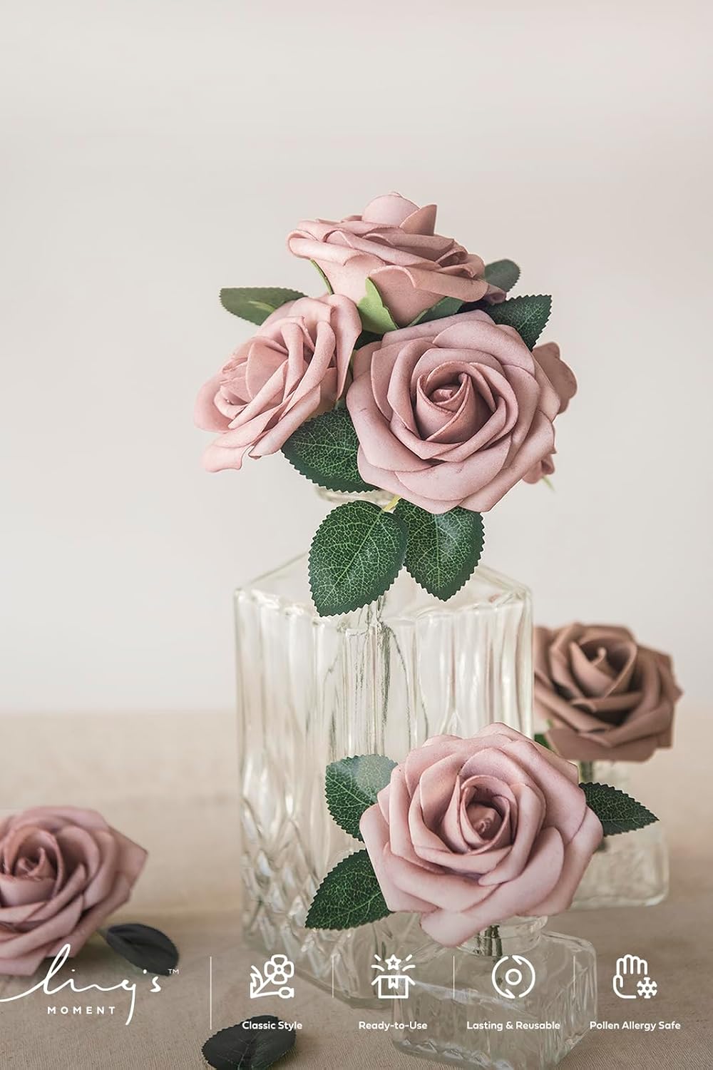 ling's moment artificial flowers 50pcs dusty rose roses decor w/stems,3" diy foam floral for wedding bouquet/centerpieces, outdoors party backdrop, room/table, and garden/pot decorations pk- dusty rose 50pcs