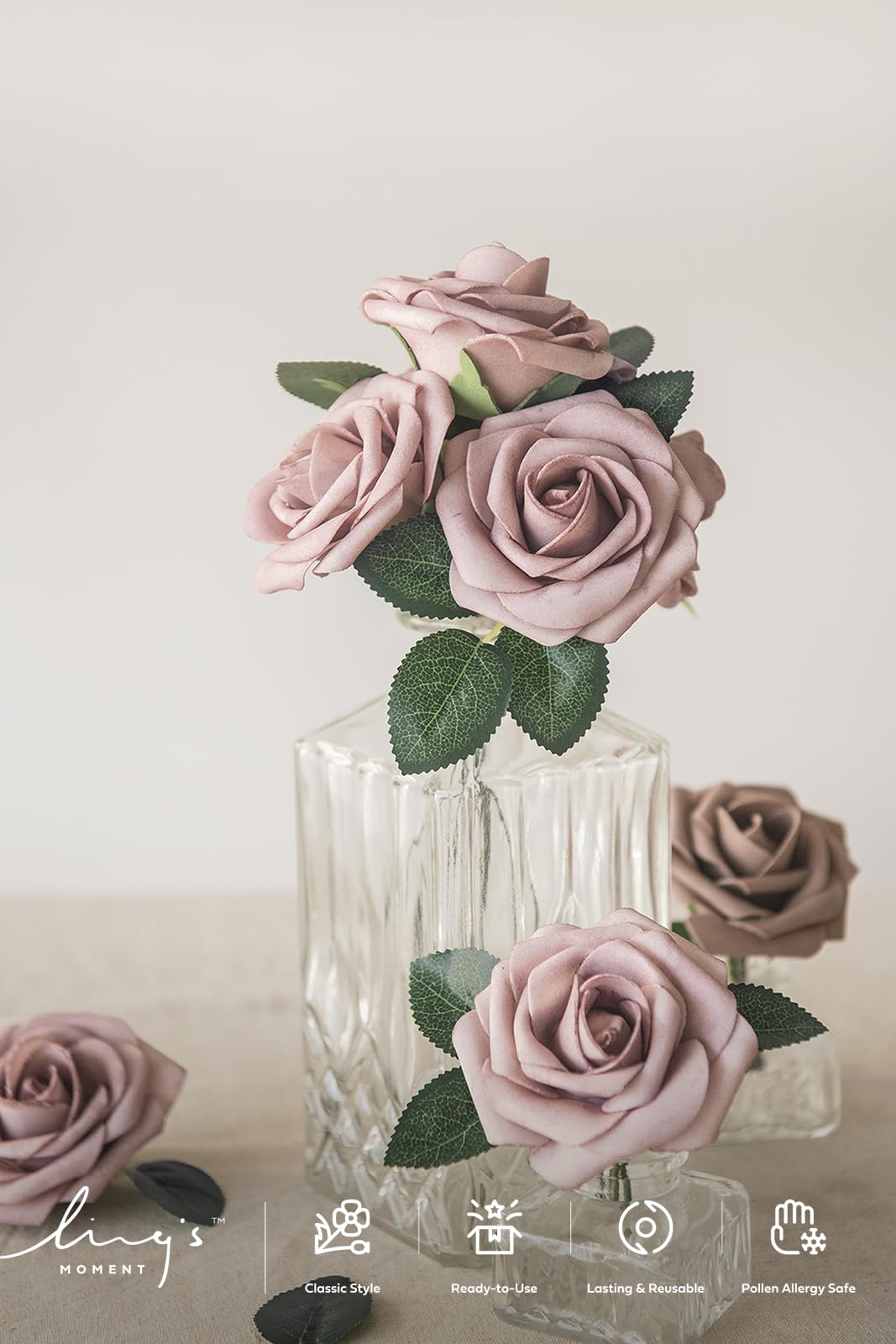 Ling's Moment Flores artificiales, 50 rosas polvorientas, decoración con tallos, 7.62 cm de espuma de tacto real para ramo de boda, centros de mesa, telón de fondo de fiesta al aire libre,