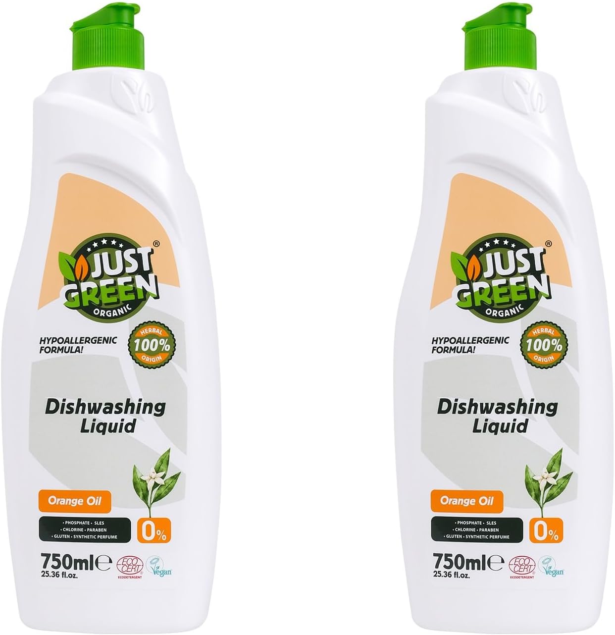 Dish Soap, Plant-Based Dishwashing Liquid, Non-Toxic, Hypoallergenic, EcoCert Certified, Vegan, Grease-Cutting, Orange Scent, 25.3 fl oz (750 ml) - 2 Pack
