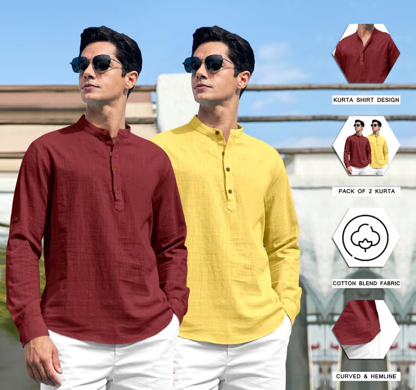 Image of ROYALSCOUT Combo of Men's Solid Cotton Blend Full Sleeve Straight Kurta Shirt (Pack of 2)