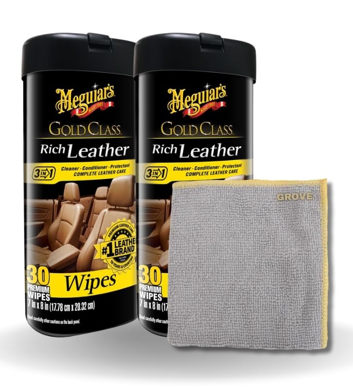 GROVEGold Class Leather Wipes 30 ct Bundle with Microfiber Cloth - 3-in-1 Car Leather Cleaner and Conditioner Wipes for Cleaning, Conditioning, and Protecting Car Seats and Interiors - (3 Items)