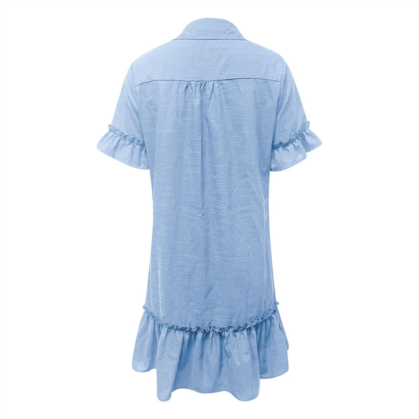 Vestido Camisero Informal con Botones Delanteros y Mangas con Volantes para Manga Corta Recta. Vestido de Uso Diario para la Universidad.