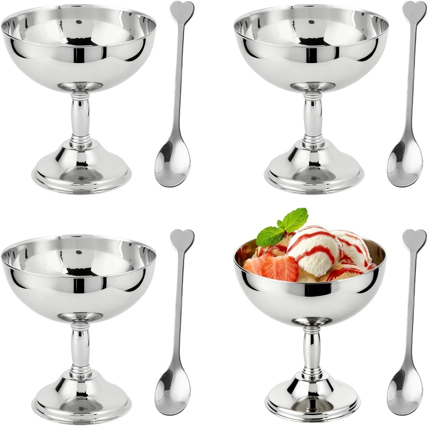 Hapivida 4Pcs Ice Cream Cup, 4.3in Diameter Stainless Steel Serving Dessert Bowls Cups Mini Round Footed Yogurt Snack Candy Cup Sauce Bowl for Salad Fruit Pudding Party