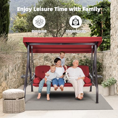 Image of HOMREST 3 Seat Outdoor Porch Swing with 1.5 inch Deepened Cup Holder, Adjustable Canopy, Patio Swing Bed with Stand, Patio Glider Swing with Thicken Cushions, Pillow for Yard, Garden(Wine Red)