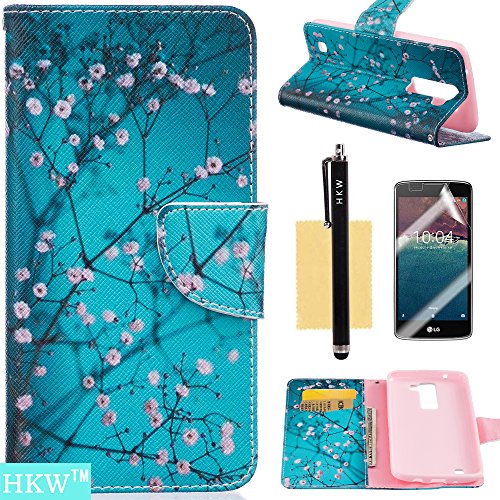 HKW LG K7 / K8 Case,LG Tribute 5 Case,LG Escape 3 Case, Plum Blossom Kickstand Flip Folio PU Leather Protective Wallet Case Cover Screen Protector for LG K7 / K8 / Escape 3 / Tribute 5 (MA1380)
