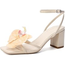 Goderci Womens Heels with Flower Square Open Toe Mid Ankle Strap Heeled Sandals Chunky Block Floral Heels