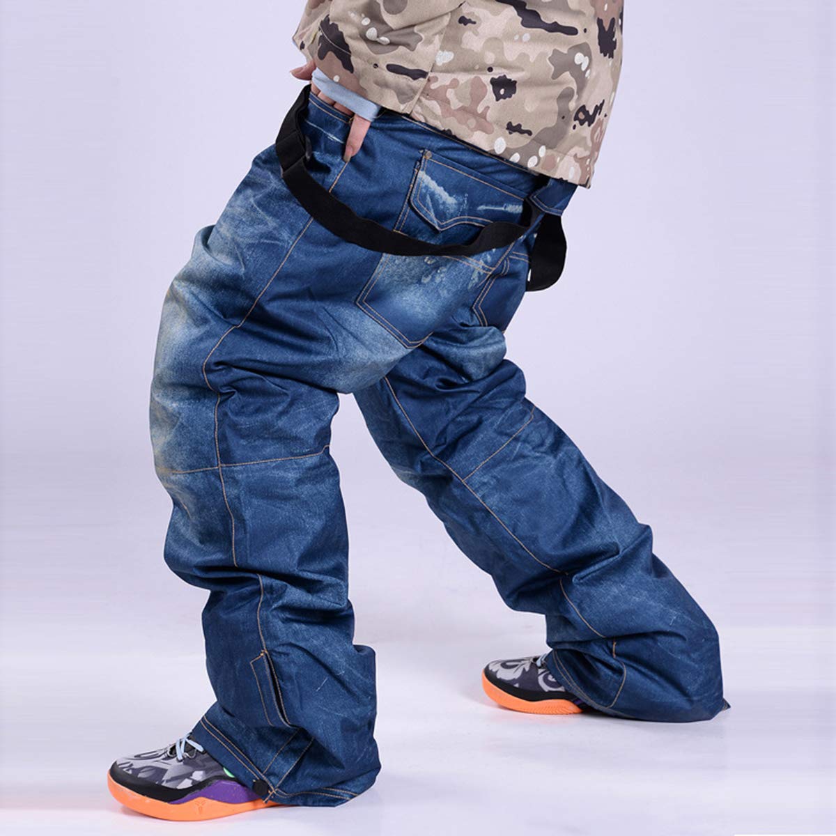 Caige Männer Denim Schnee Hosen Winddicht und wasserdichte Skihose im Freien warme Overalls, Abnehmbarer Schultergurt,Blau,S