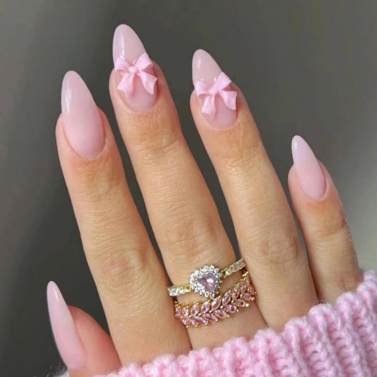 Nude Pink Gradient Press on Nails Medium Almond Fake Nails Pink False Nails with 3D Bow Charms Design Acrylic Nails Glossy Glue on Nails Full Cover