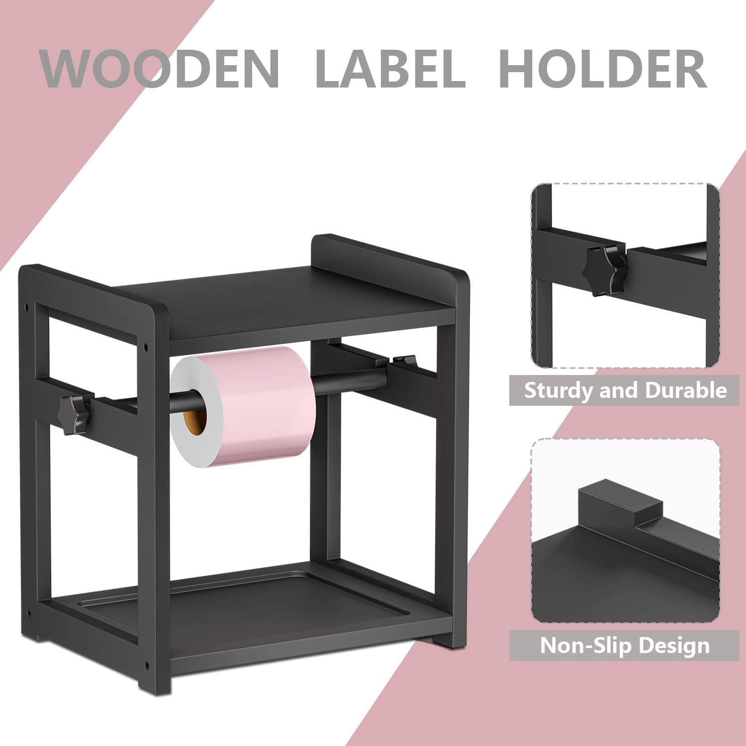 Label Holder for Rolls and Fanfold Labels, Wooden Thermal Sticker Label Printer Holder for Desktop, Sticker Roll Holder for Home Office Small Business Essentials, Black - Image 4