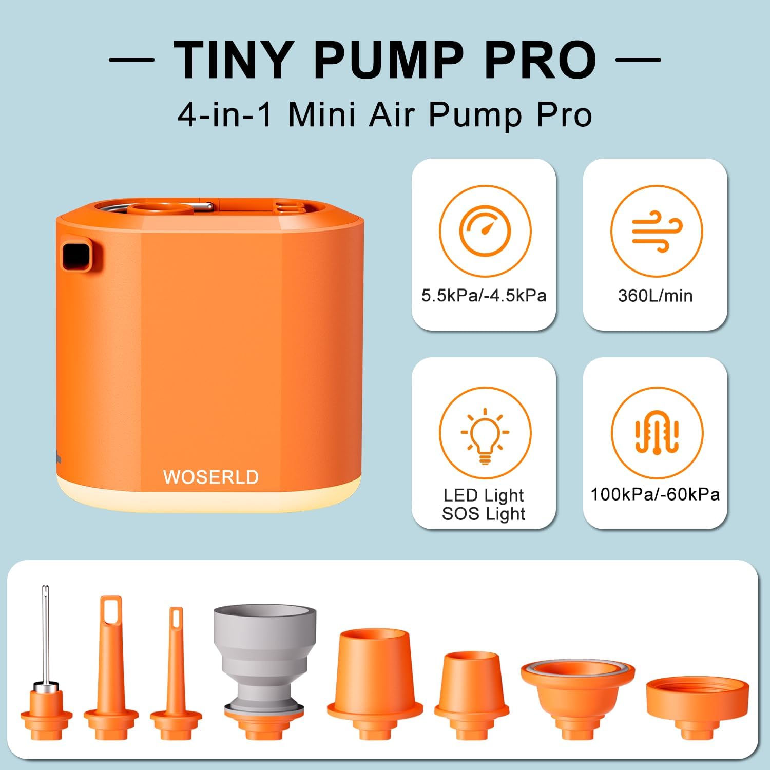 Portable Air Pump for Inflatables 5.5KPA Ultra Fast Mini Electric Air Pump & Camping Light & 100kPa/-60kPa, Air Mattress Pump Inflate Deflate for Basketball, Pool Floats, Vacuum Storage Bags