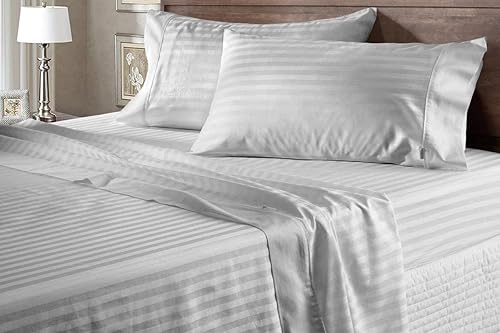 Queen Light Grey Stripe Sheet Set - Luxury Hotel Quality 1500 Thread Count Bedding Sheets  Pillowcases - Ultra Soft Breathable  Cooling Bed Sheets -
