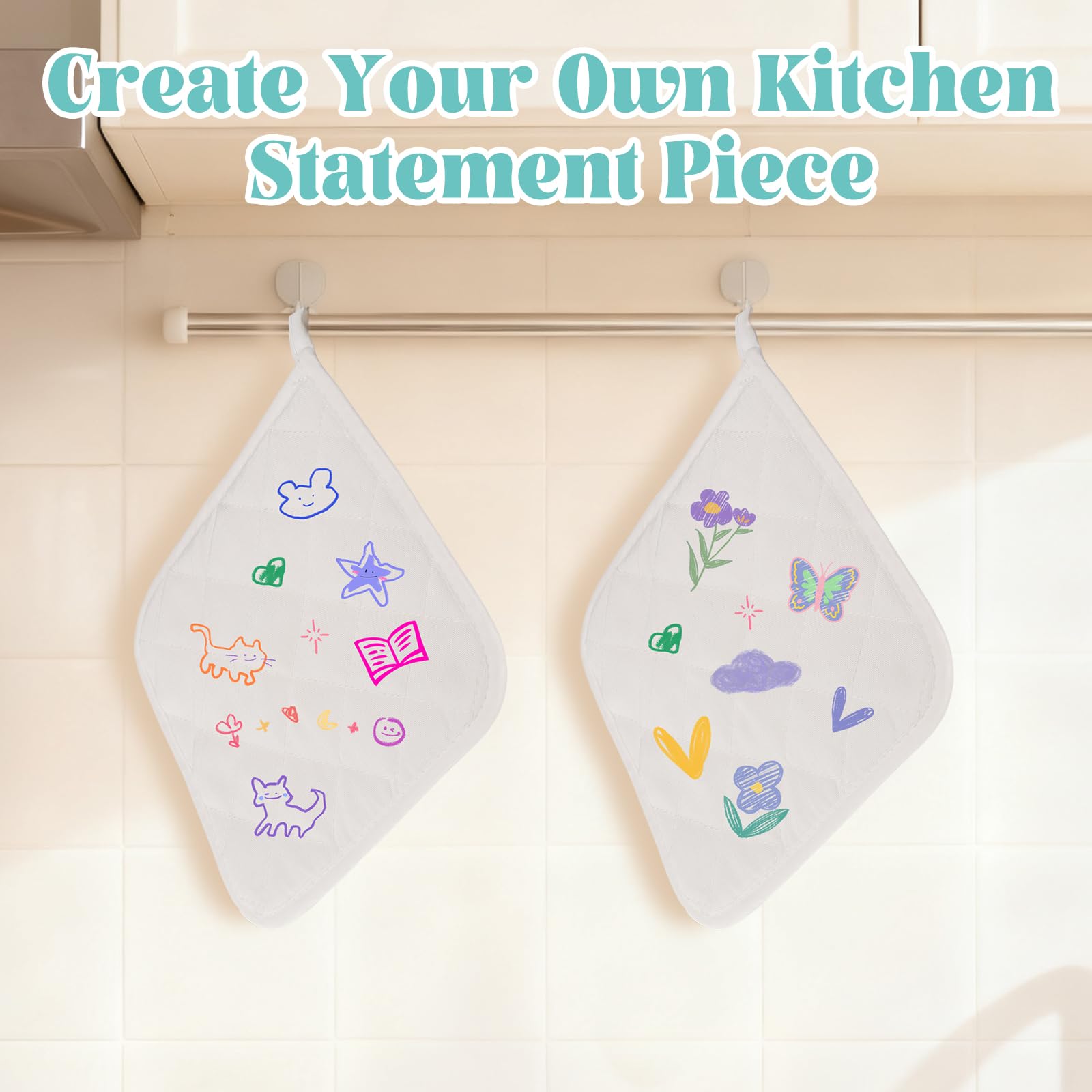 Topflappen, Großpackung zum Basteln, inklusive 16 weißen, hitzebeständigen Topflappen und Ofenhandschuhen mit 24 Herstellern für Küche, Kochen und Backen, Weihnachten, DIY-Projekt-Set, 40 Stück