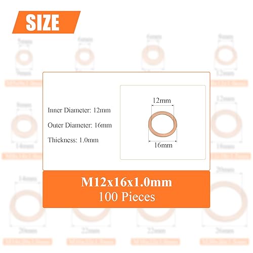 Vista 21 de Juego surtido de arandelas de cobre, 300 piezas, 12 tamaños, kit de arandelas métricas de cobre