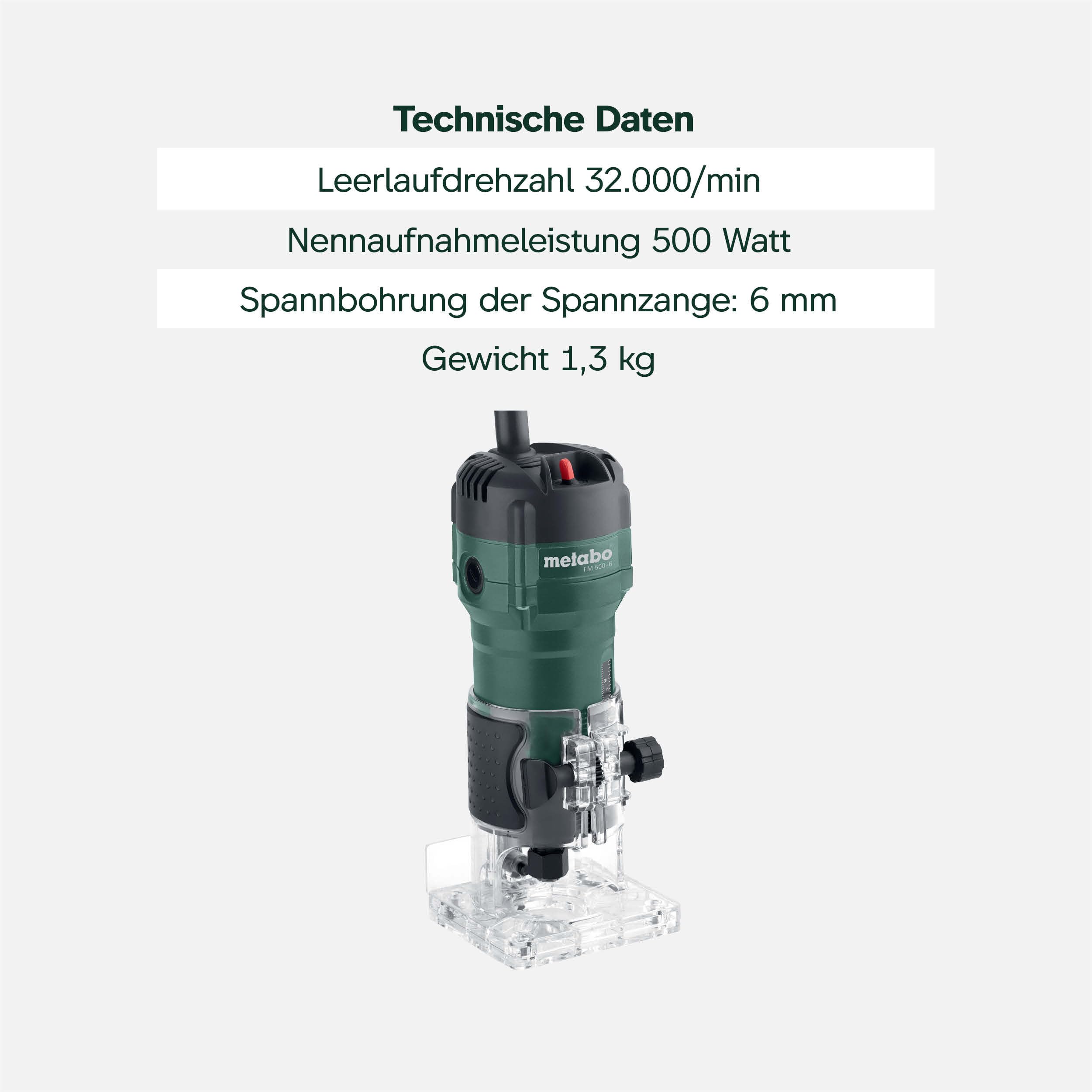 metabo Kantenfräse FM 500-6, 500 W Oberfräse für Holz mit 6 mm Spannzange | Kompakte Einhandfräse mit 32.000 U/min, stufenlose Tiefeneinstellung, inkl. Parallelanschlag & Rollenführung