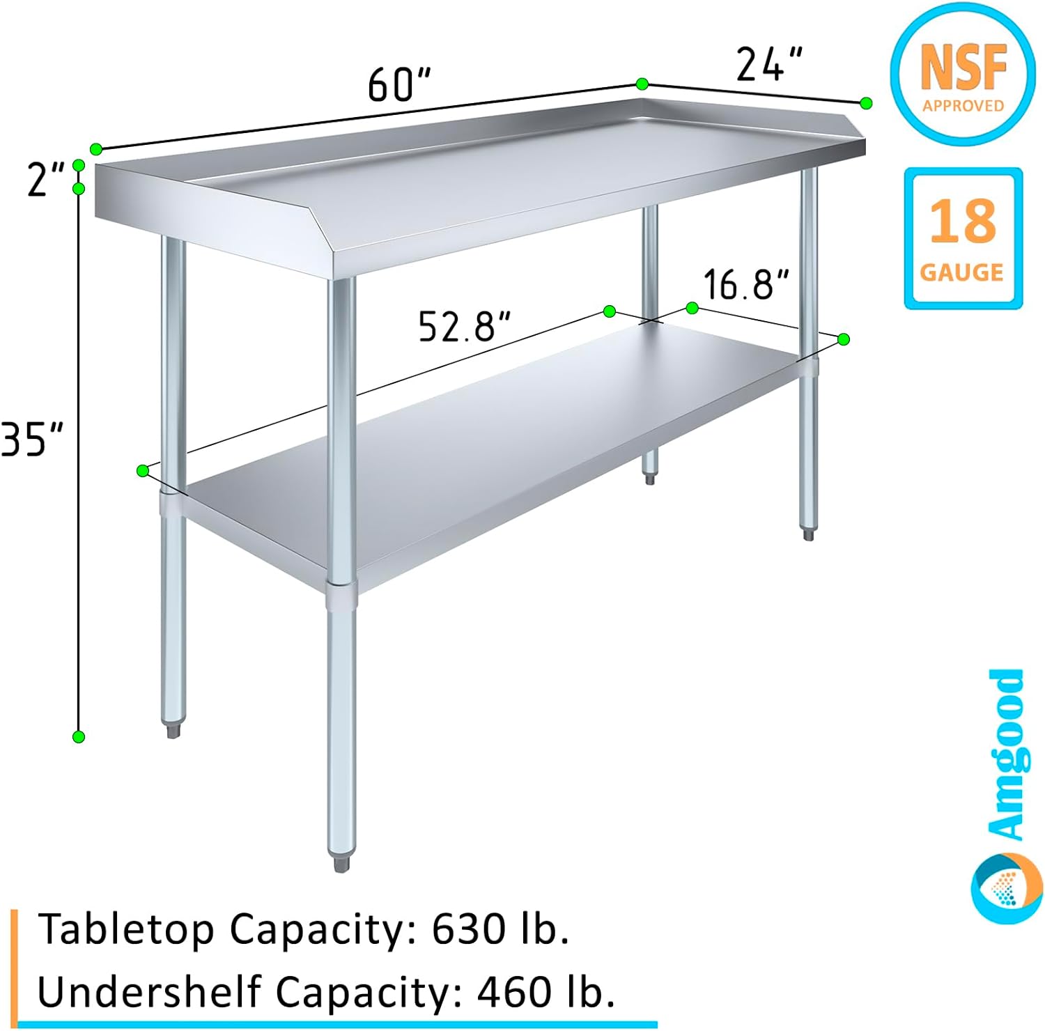 60" Stainless Steel Work Table with Galvanized Undershelf and Backsplash