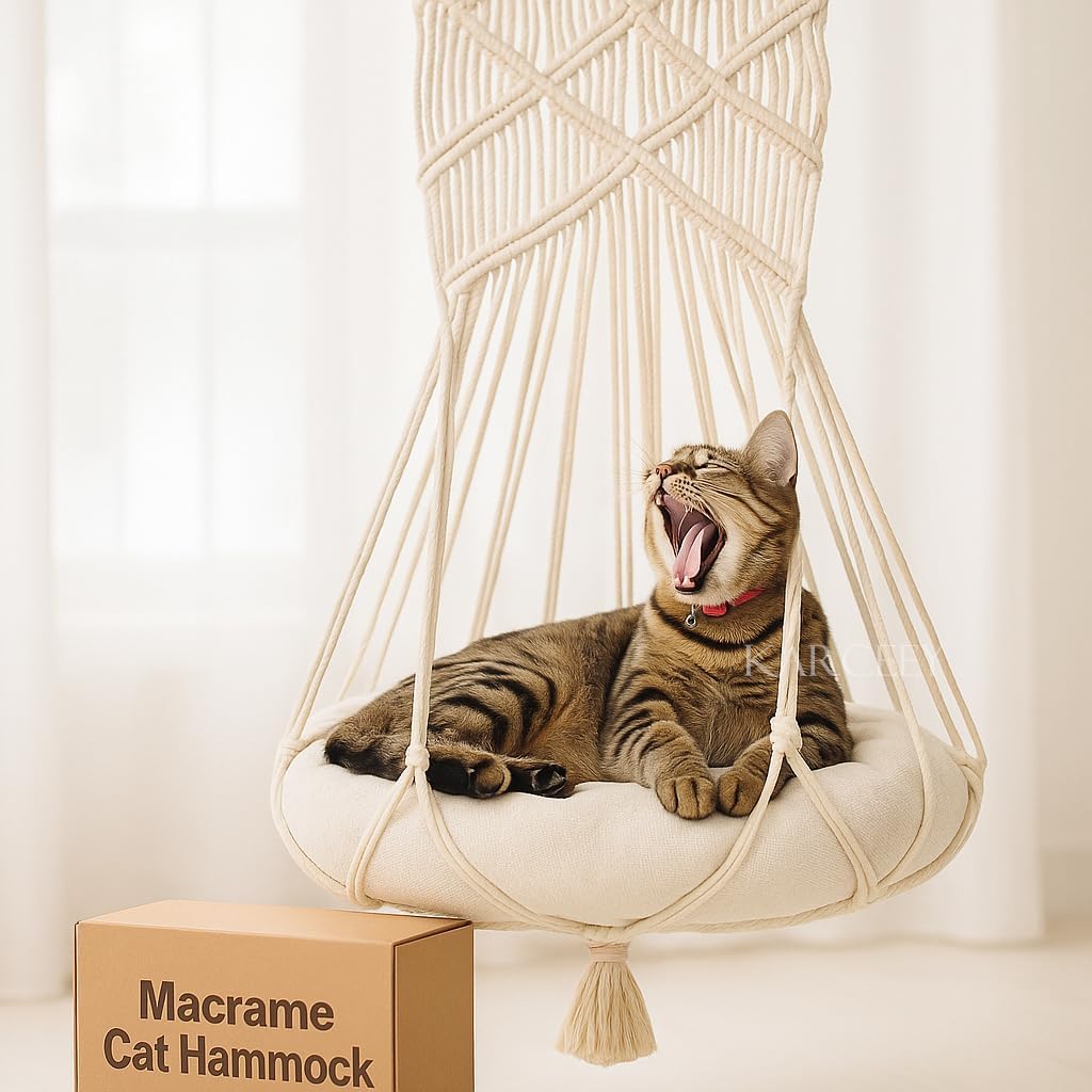 KARCEEY Macrame Cat Hammock Hanging Cat Bed with Catnip Cushion and Hanging Kit (1.Macrame Hammock with Bed)