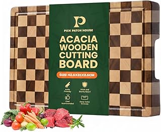 100% Organic Acacia Wood Cutting Board 16.5" x 11.6"–End Grain Checkered Wooden Cutting Board for Kitchen,Premium Butcher Block with Deep Juice Groove, Built-In Handle & Non-Slip Pads