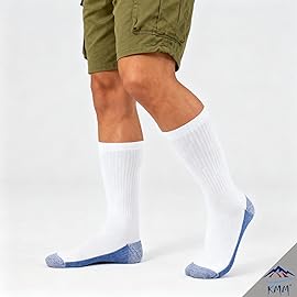 KMM Men Cotton Full Thick Cushion Crew Socks Moisture Control Heavy Duty Work Boot Warm Thermal Wicking Sweat Anti Blisters(White Blue L)