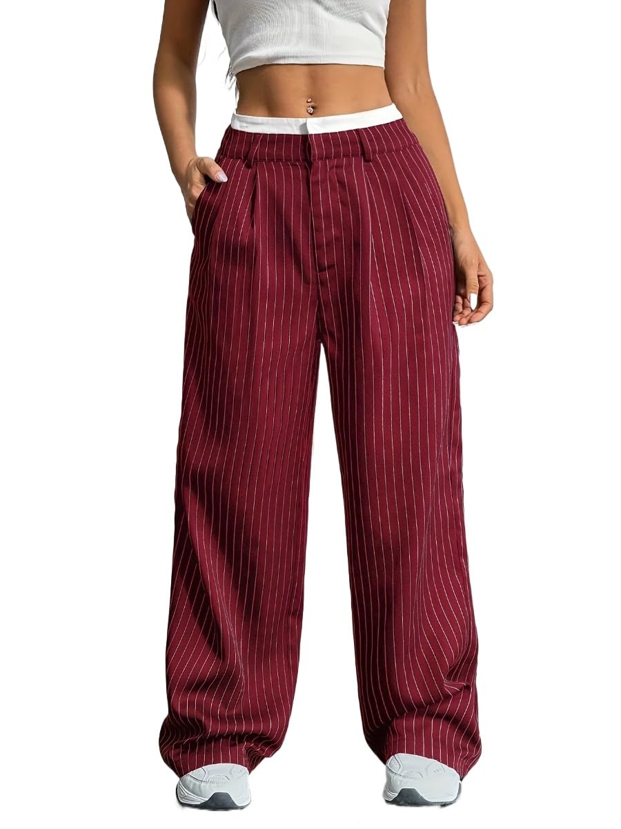Womens Striped Pants Color Block Wide Leg Pinstripe Trouser Casual Work Office Sailor Pants for Women