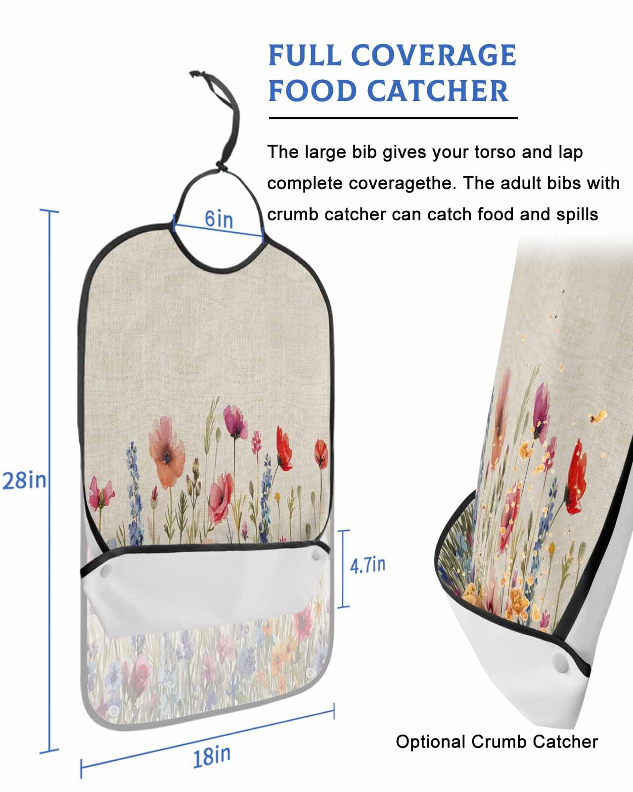 LEOKOTI Pastoral Spring Floral Adult Bibs for Eating, Waterproof Bibs with Food Catcher & Adjustable Snap Closure, Rustic Summer Flower Botanical Washable Clothing Protectors Adult Bibs for Elderly