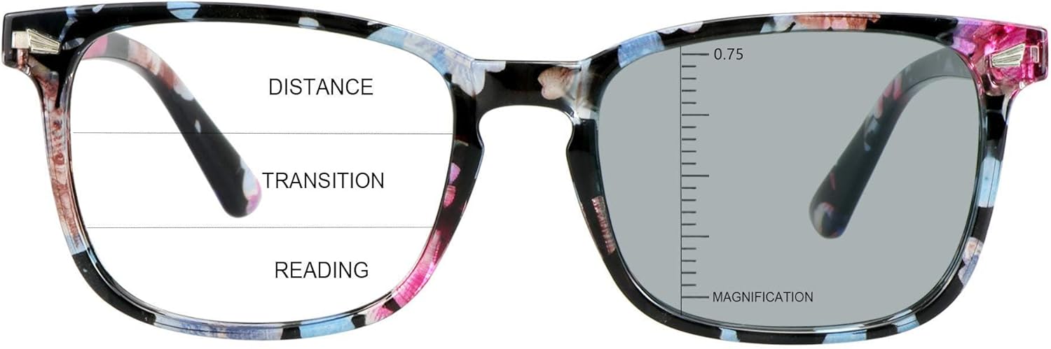 Vintage Square Progressive Multifocal Presbyopic Glasses, Photochromic Gray Sunglasses for Men Women Readers (Floral,+0.00/+1.25 Magnification)