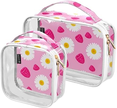Sinestour Raspberry Daisies Clear Toiletry Bag with Zipper Travel Makeup Pouches with Handle Cosmetic Organizer Case Set for Women Carry On Men