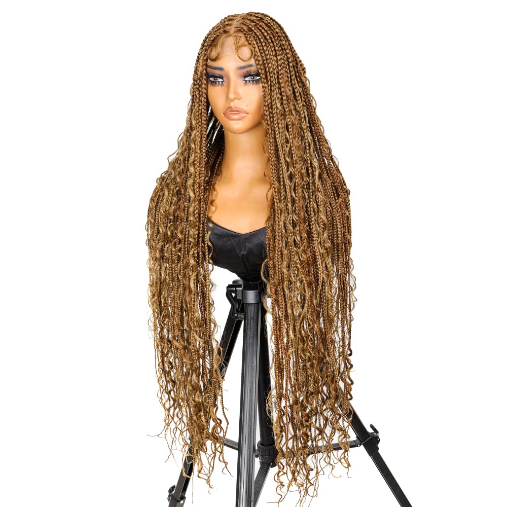 SUPERNOVA 36 Inch Long Wavy Full Lace Box Braided Wigs P30/27# Ombre Color Square Knotless 360 Full Lace Synthetic Hair Boho Braided Wig For Black Women Baby Hair Around Knotless Box Braids Wig