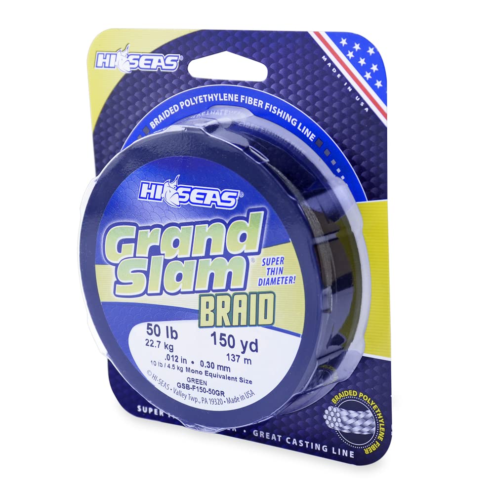10 lb braided fishing line equivalent HI-SEAS Grand Slam Braid Line, 50lb / .012 inches diameter, Green, 150yd : Sports & Outdoors Size:5