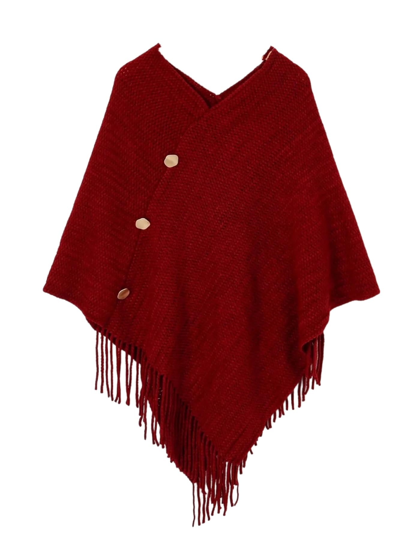 SHENHE Womens Fringe Ponchos Knit V Neck Bat Wing Shawl Chic Cape Sweater with Front Clasps