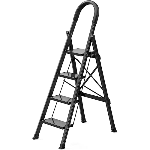 Step Ladder 4 Step Folding Step Stool W/Wide Anti-Slip Pedal&Handrail Decorative Aluminum Lightweight Step Ladder for Kitchen Closet Library 330lbs Capacity Black