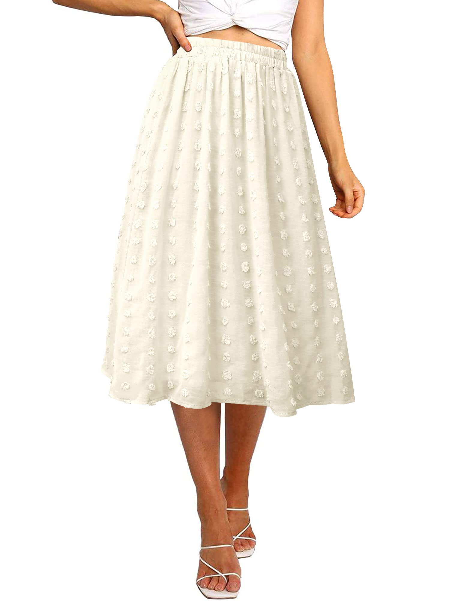 Ezcosplay Women's Boho Swiss Dot High Elastic Waist Pleated A-Line Midi Skirt