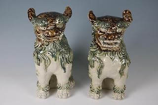 金城敏徳 作 緑釉立シーサー（特大）1対