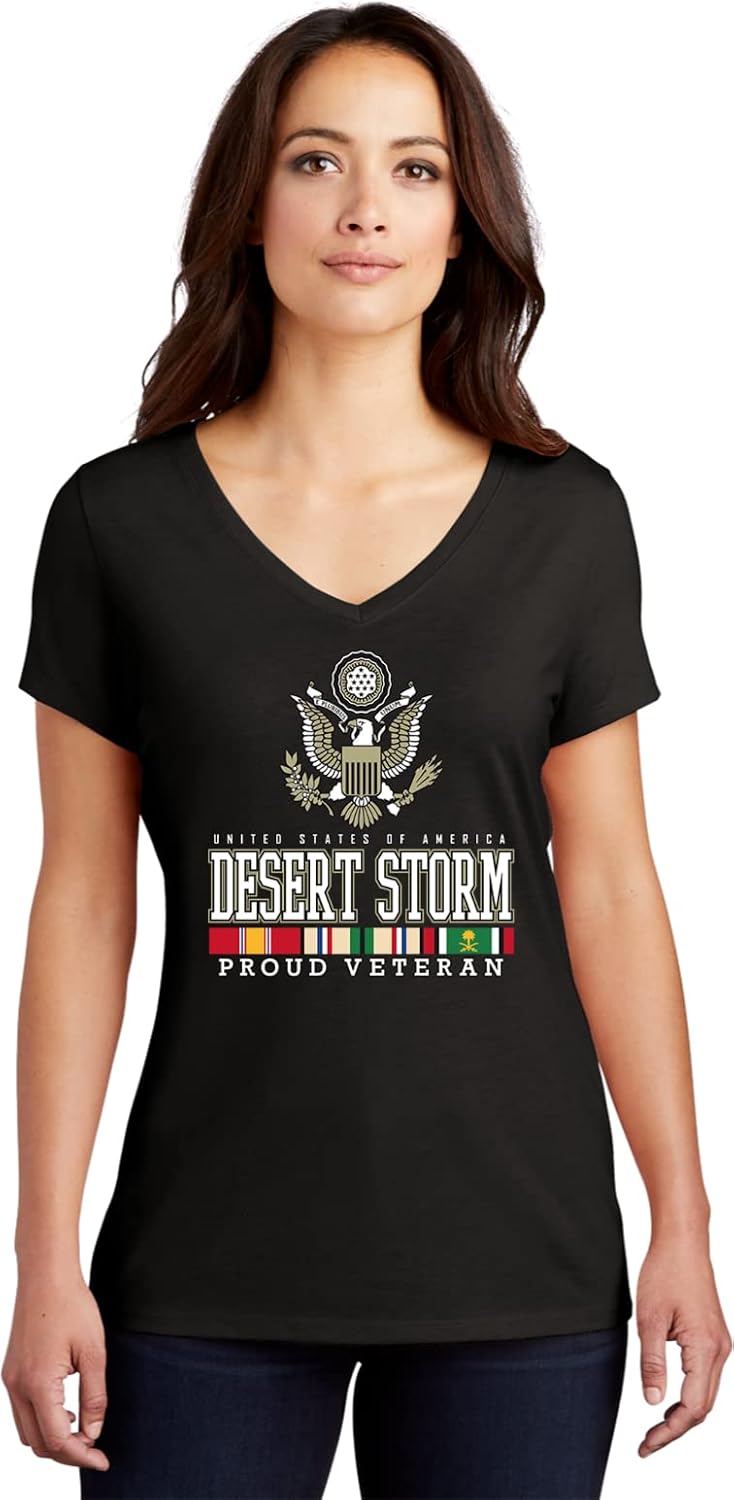 USA Proud Desert Storm Veteran Eagle Womens Tri Blend V-Neck T-Shirt