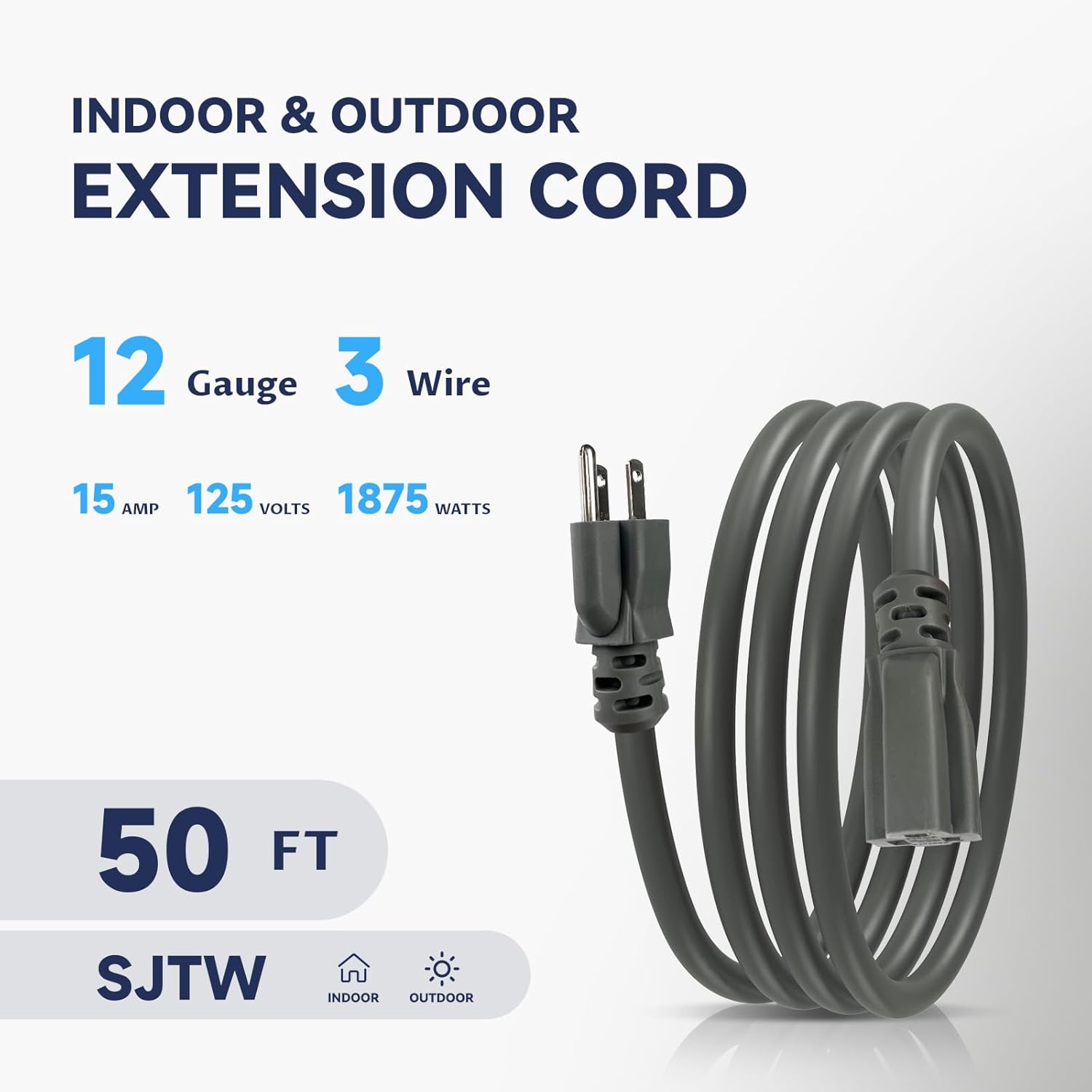 50 Ft Heavy Duty Outdoor Extension Cord Waterproof - 12/3 SJTW 15A 1875W Gray Extension Cable with 3 Prong Grounded Plug, Waterproof Electric Cable for Lawn, Garden, Appliances, UL Listed