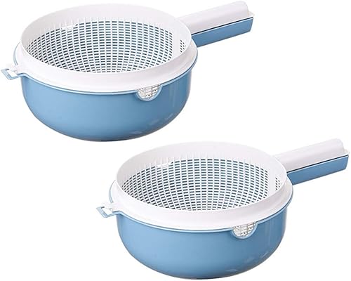 Miniatura 3 de Hemoton Juego de 2 coladores de cocina 2 en 1, cuenco de lavado de frutas y verduras, cesta de secado portátil de doble capa con asa para fregadero