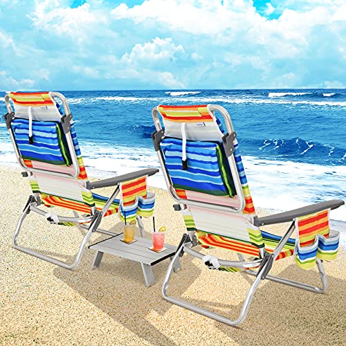 Image of Giantex Folding Beach Chair, Patio Sling Chairs with 5 Adjustable Position, Head Pillow, Storage Bag, Towel Bar, Cup Holders, Backpack Chairs for Sunbathing, Camping Chair