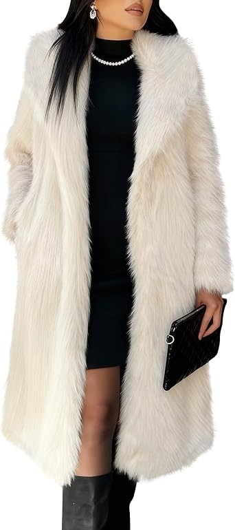 COZYPOIN Womens Long Faux Fur Coat Long Sleeve Lapel Furry Fur Jackets Winter Warm Fluffy Outerwear Shaggy Overcoat