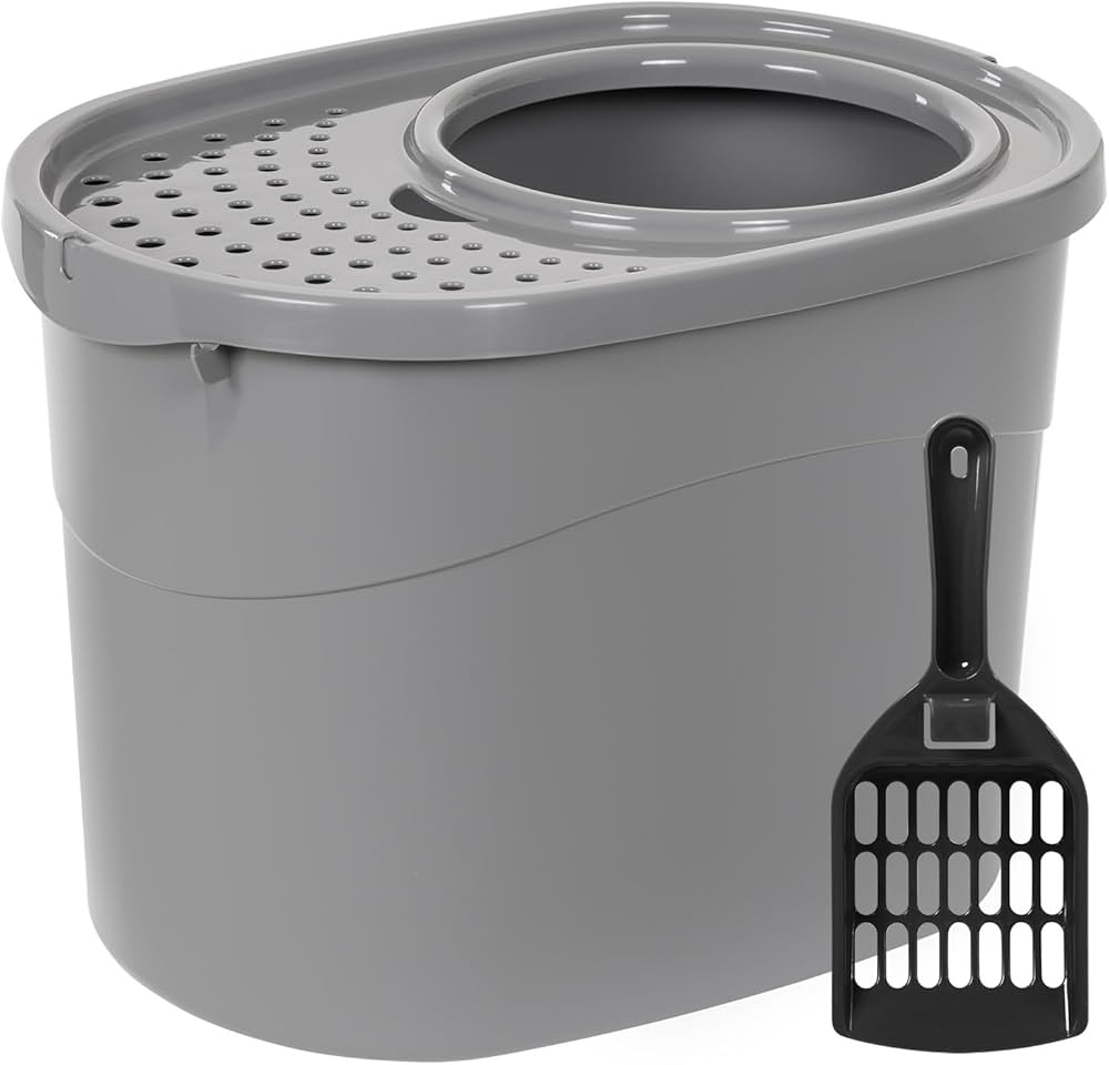 IRIS USA Top Entry Cat Litter Box With Scoop, Black/Gray